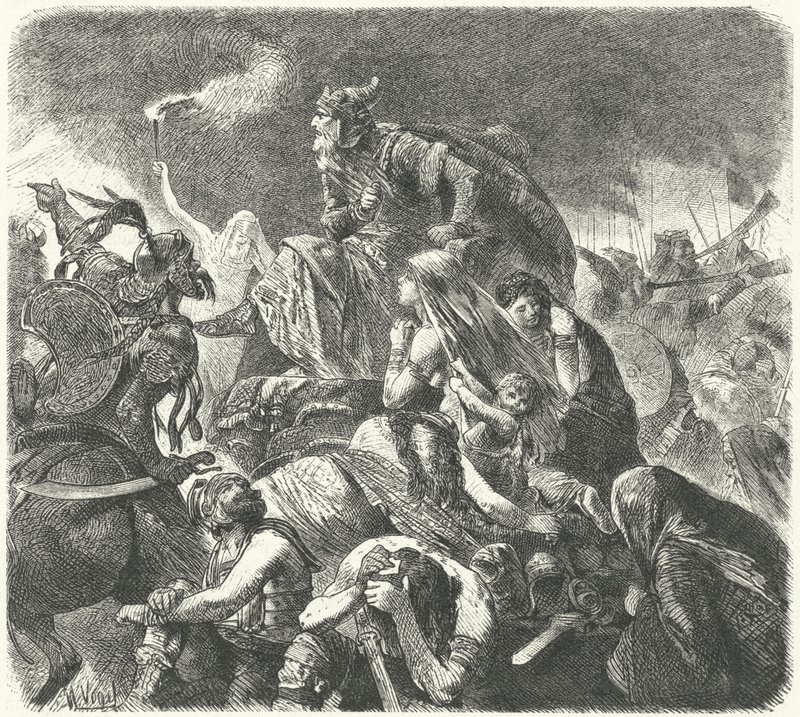 Attila de Hun na de beslissende aanval door de Visigoten bij de Slag om Chalons, 451 door Hermann Vogel