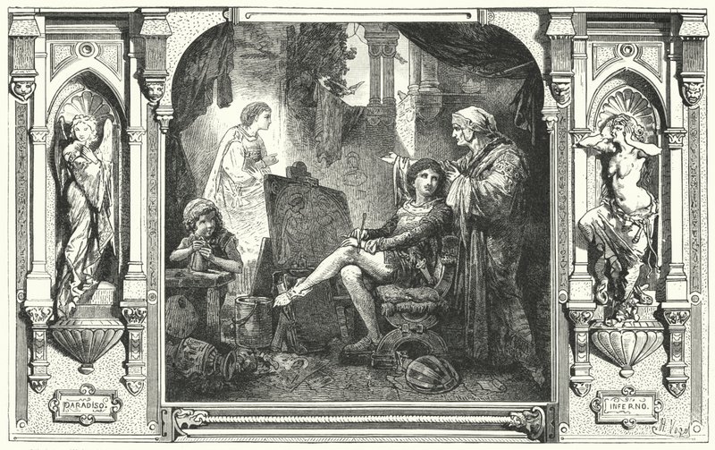 Dante Alighieri in het atelier van Giotto, 14e eeuw door Hermann Vogel