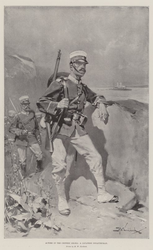 Acteurs in het Chinese drama, een Japanse infanterist door Hermanus Willem Koekkoek