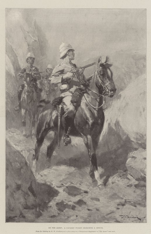 Op de Uitkijk, een Cavalerie Piket dat een Spruit Doorzoekt door Hermanus Willem Koekkoek