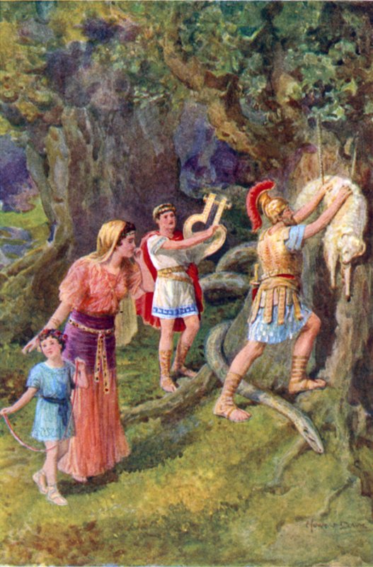 "Jason scheurde het vlies van de boomstam" (kleur litho) door Howard Davie