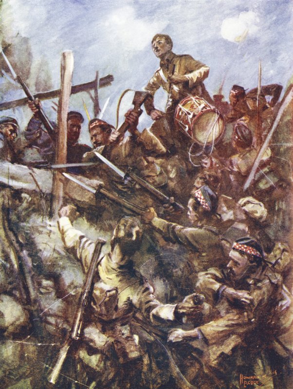 Tamboer Walter Ritchie staat op de borstwering van de vijand om het bevel te geven, onder zwaar machinegeweervuur en bomaanvallen, Beaumont Hamel, Frankrijk, 1 juli 1916 door Howard K. Elcock