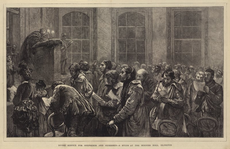 Goddelijke dienst voor herders en veehouders, een studie in de Berners Hall, Islington door Hubert von Herkomer