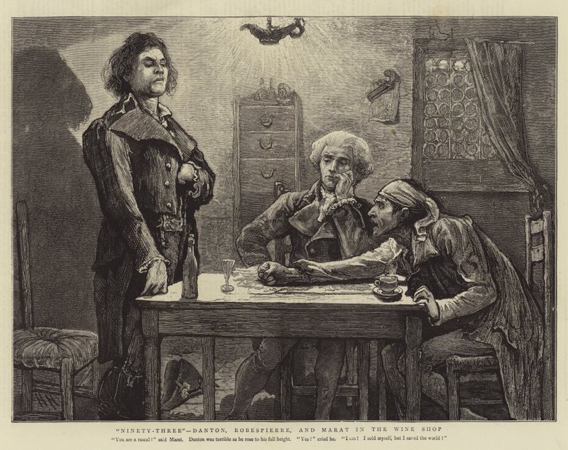 Drieënnegentig, Danton, Robespierre en Marat in de wijnwinkel door Hubert von Herkomer
