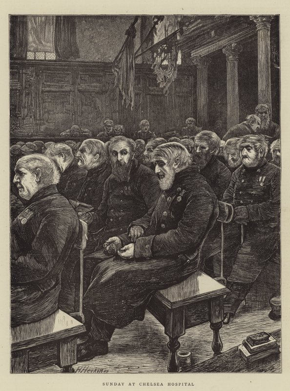 Zondag in Chelsea Hospital door Hubert von Herkomer