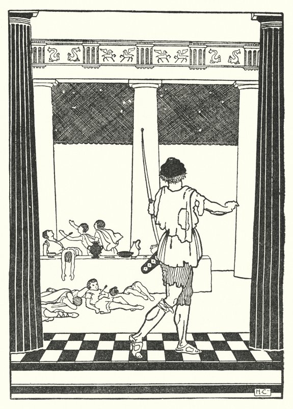 Odysseus doodt de vrijers van Penelope door Hugh Chesterman