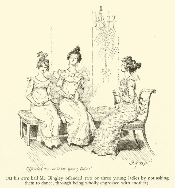 Op zijn eigen bal beledigde Mr. Bingley twee of drie jonge dames door hen niet ten dans te vragen, omdat hij volledig in beslag werd genomen door een ander (gravure) door Hugh Thomson