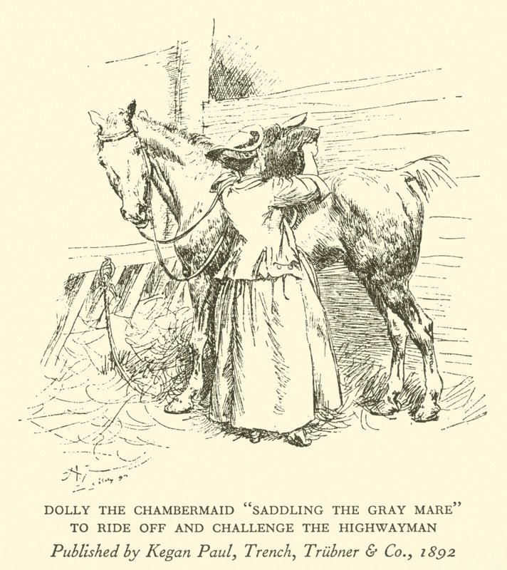 Dolly de kamermeid "Het zadelen van de grijze merrie", om weg te rijden en de struikrover uit te dagen (gravure) door Hugh Thomson