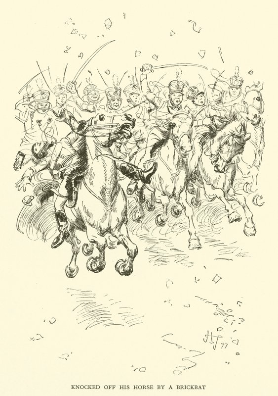 Van zijn paard geslagen door een baksteen (gravure) door Hugh Thomson
