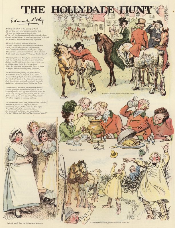 Serie illustraties die de Hollydale Hunt uitbeelden door Hugh Thomson