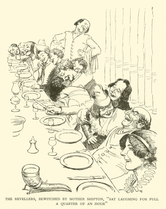 De feestvierders, betoverd door Moeder Shipton, "lachten een kwartier lang" (gravure) door Hugh Thomson