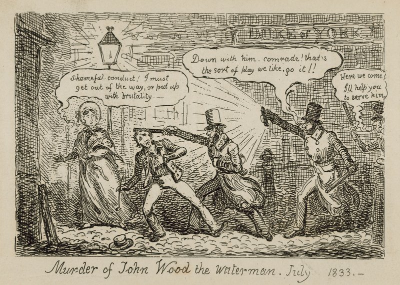 Moord op John Wood de waterman, juli 1833 door Isaac (after) Cruikshank