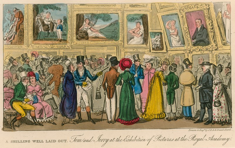 Een shilling goed besteed: Tom en Jerry op de tentoonstelling van schilderijen in de Royal Academy door Isaac, Robert and George Cruikshank