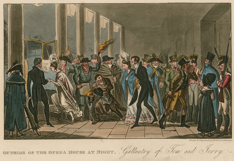 Buiten het operagebouw; Galanterie van Tom en Jerry door Isaac, Robert and George Cruikshank