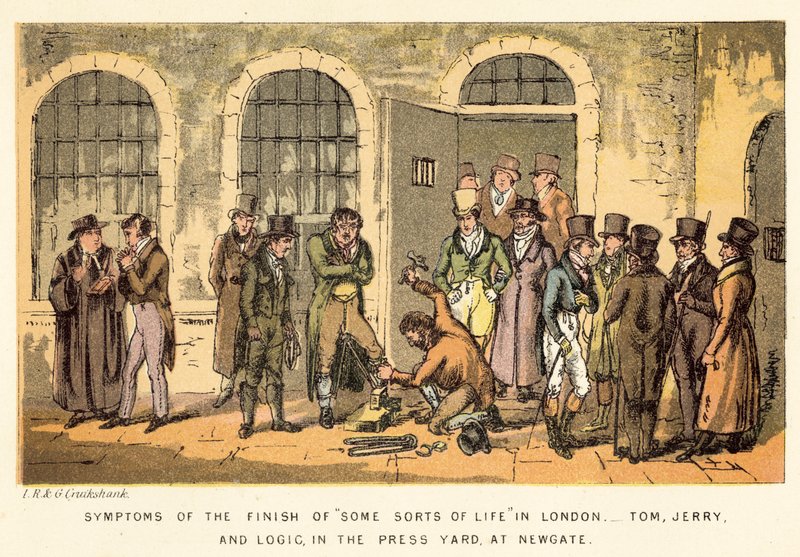 Symptomen van het einde van sommige soorten leven in Londen, Tom, Jerry en Logic, in de persruimte, bij Newgate door Isaac, Robert and George Cruikshank