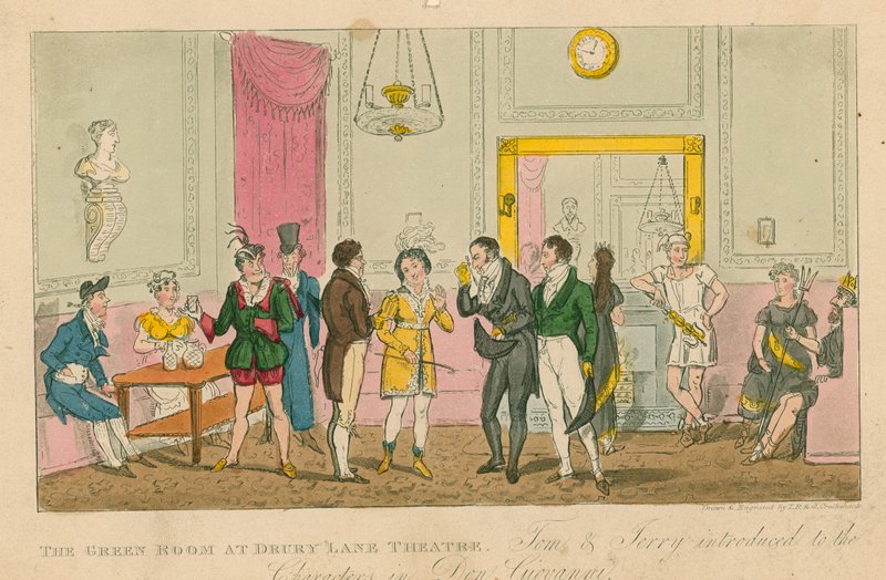 De Groene Kamer in het Drury Lane Theater, Londen door Isaac, Robert and George Cruikshank