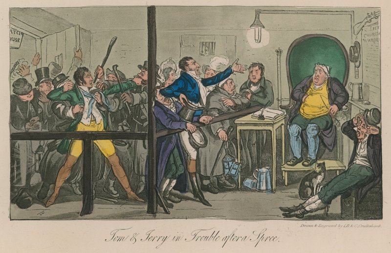 Tom en Jerry in de problemen na een uitspatting door Isaac, Robert and George Cruikshank