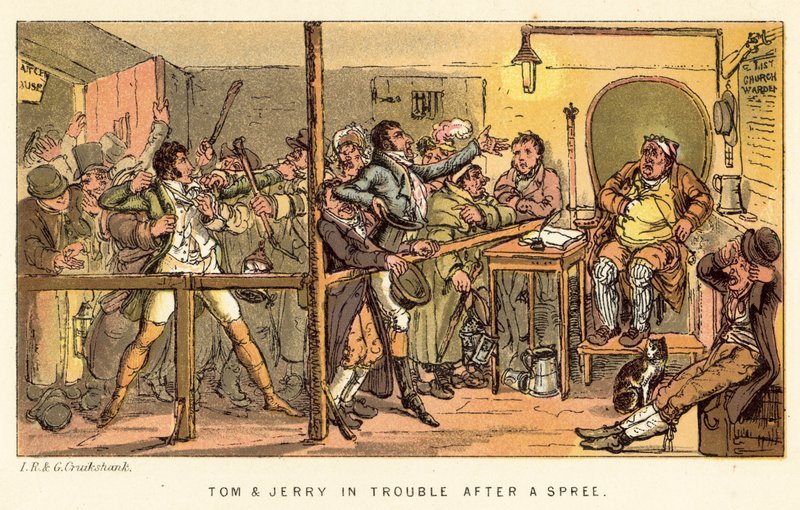 Tom en Jerry in de problemen na een uitspatting door Isaac, Robert and George Cruikshank