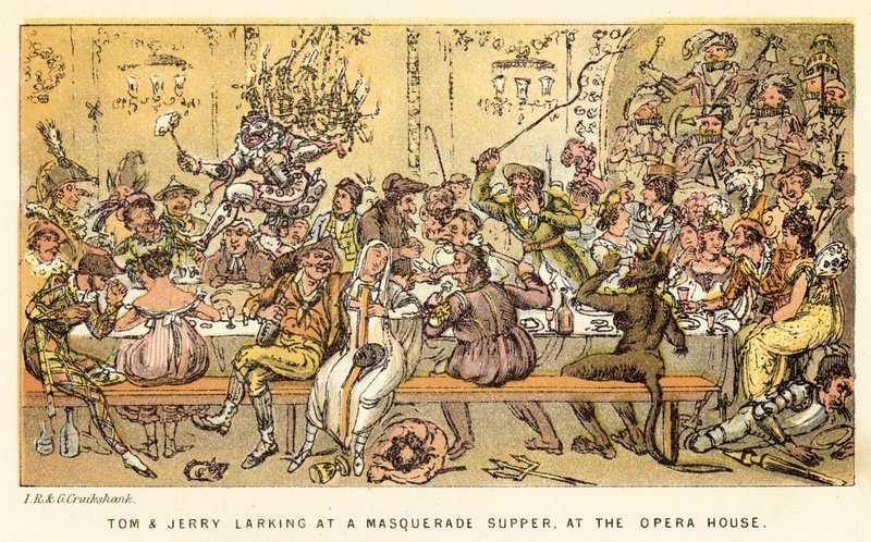 Tom en Jerry grappen bij een gemaskerd bal diner, in het Opera House door Isaac, Robert and George Cruikshank