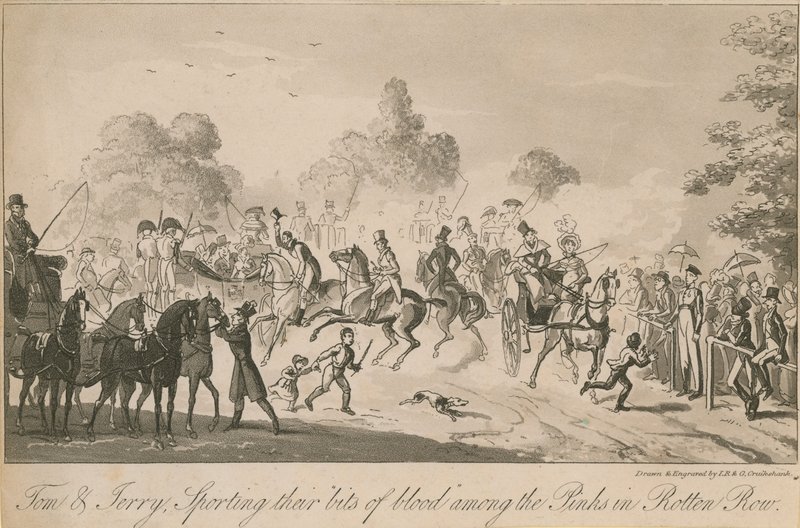 Tom en Jerry die hun bloedige stukken sportten tussen de pinken in de Rotten Row door Isaac, Robert and George Cruikshank