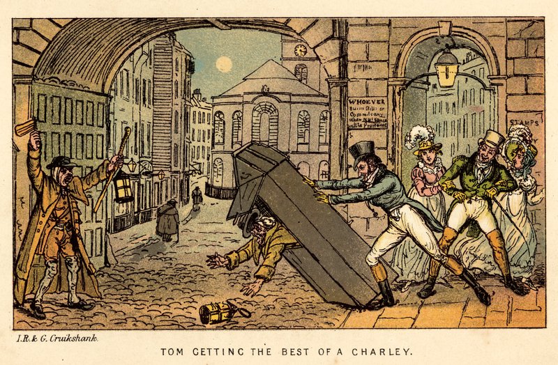 Tom krijgt het beste van een Charley door Isaac, Robert and George Cruikshank