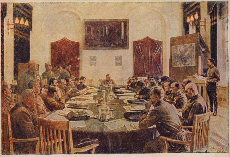 Vergadering van de Revolutionaire Militaire Raad, Sovjet-Rusland, ca. 1925-1934 door Isaak Israilevich Brodsky
