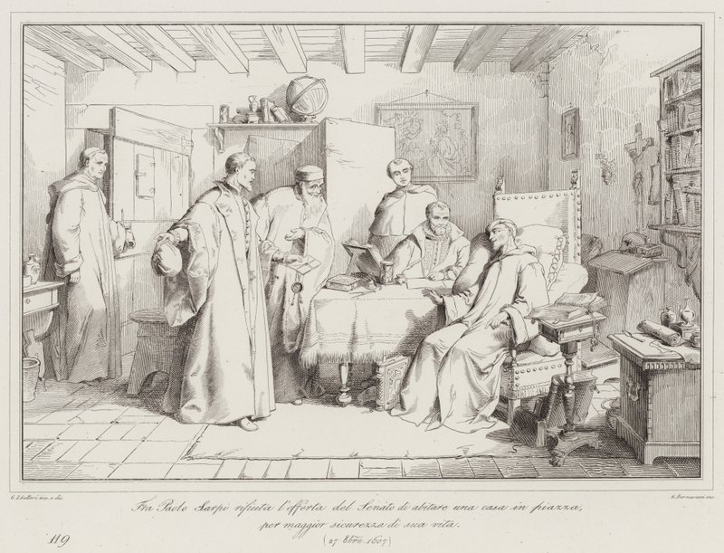Fra Paolo Sarpi weigert het aanbod van de Senaat om in een huis op het plein te wonen, voor meer veiligheid van zijn leven, 1607 door Italian School