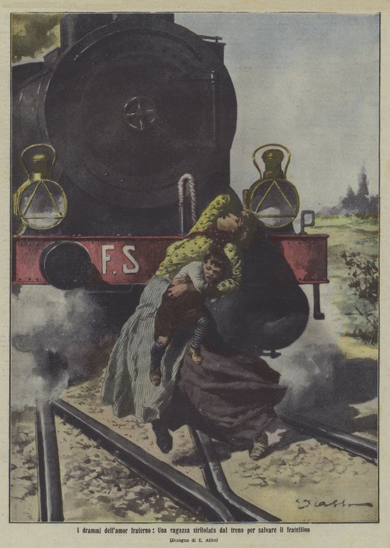 Een tragedie van zusterliefde: een meisje gedood door een trein terwijl ze haar broertje redt (kleurenlitho) door Italian School