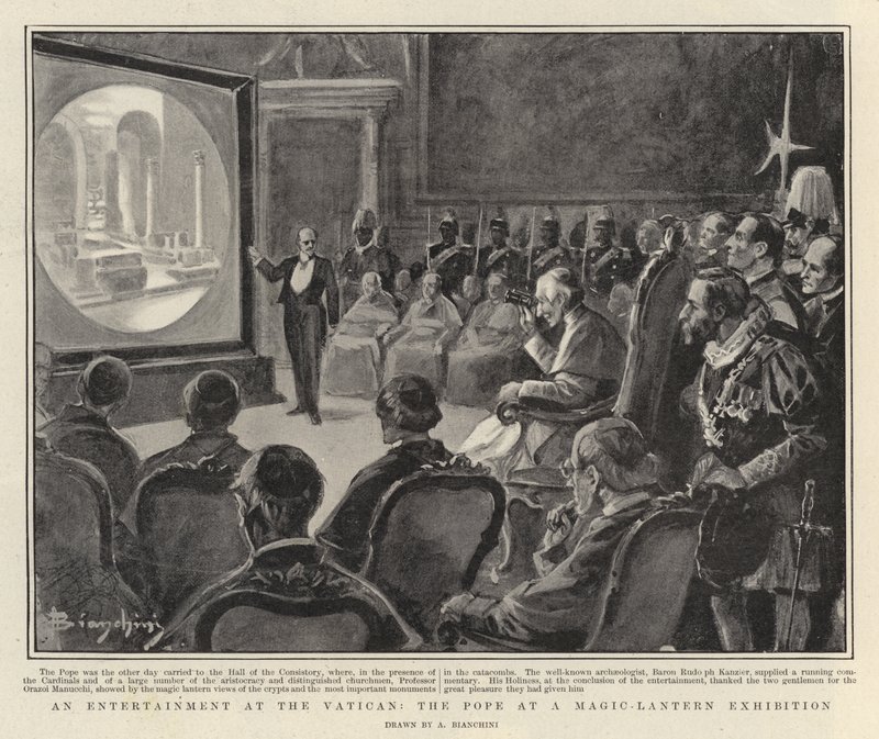 Een entertainment in het Vaticaan, de paus bij een toverlantaarn tentoonstelling (litho) door Italian School