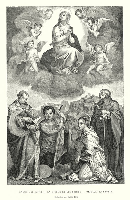 Andre del Sarte, De Maagd en de Heiligen, Madonna in Glorie, Collectie van het Pitti Paleis (gravure) door Italian School