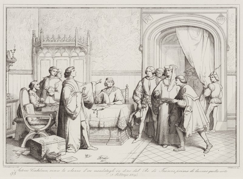 Antonio Condulmero weigert de gouden ketting die hem door de koning van Frankrijk is gestuurd, voordat hij vertrekt (gravure) door Italian School