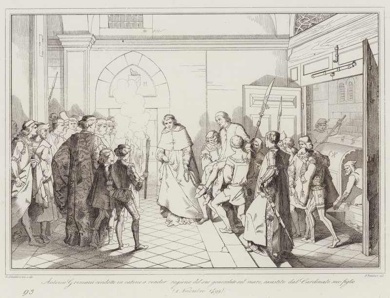 Antonio Grimani in ketenen gebracht om rekenschap af te leggen over zijn generaalschap op zee, bijgestaan door... (gravure) door Italian School