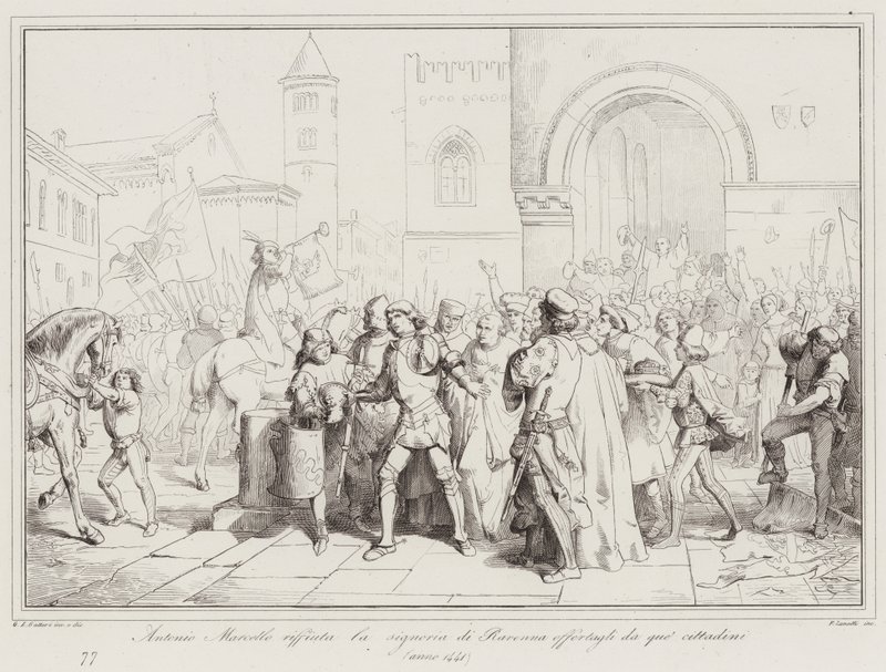 Antonio Marcello weigert het heerschap van Ravenna aangeboden door de burgers door Italian School