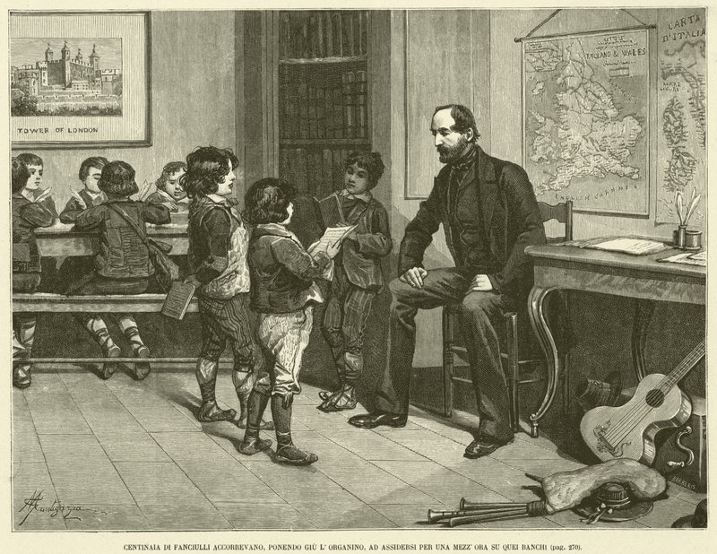 Honderden kinderen kwamen aanrennen, legden het draaiorgel neer en gingen een half uur op die banken zitten (gravure) door Italian School