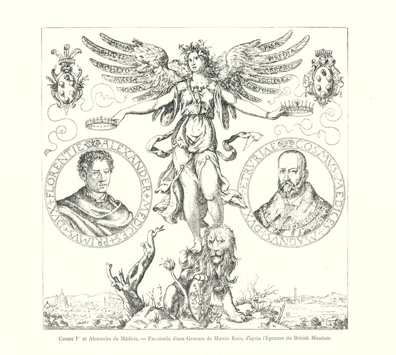 Cosme Ier et Alexandre de Medicis, Fac-simile van een gravure van Martin Rota, naar de proef van het British Museum (gravure) door Italian School