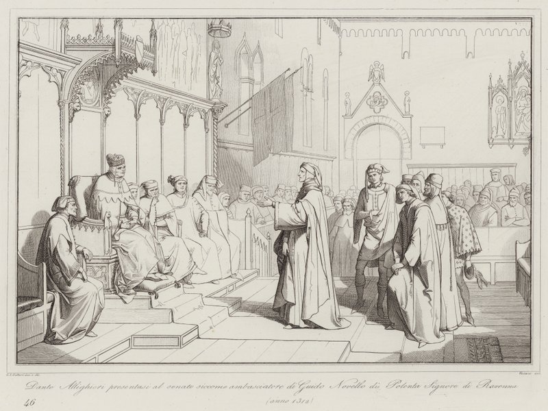 Dante Alighieri presenteert zich aan de senaat als ambassadeur van Guido Novello di Polenta, Heer van Ravenna door Italian School