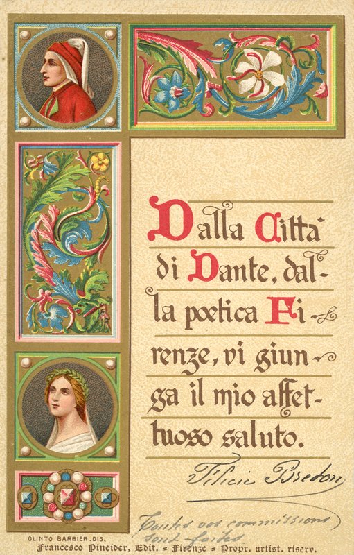 Dante, Beatrice, Goddelijke Komedie (kleurenlitho) door Italian School
