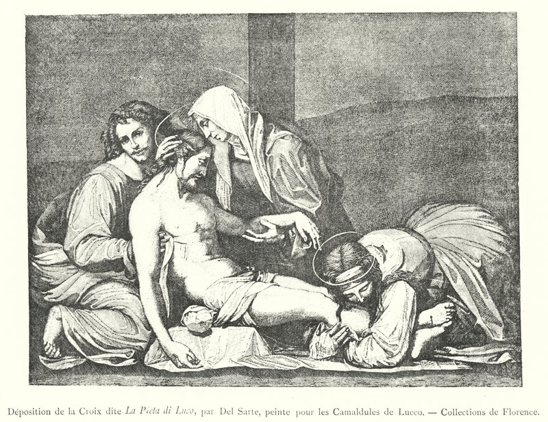Kruisafneming genaamd La Pieta di Luco, door Del Sarto, geschilderd voor de Camaldulen van Lucco, Collecties van Florence (gravure) door Italian School
