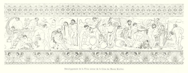 Ontwikkeling van de fries rond de Ciste van het Kircher Museum (gravure) door Italian School