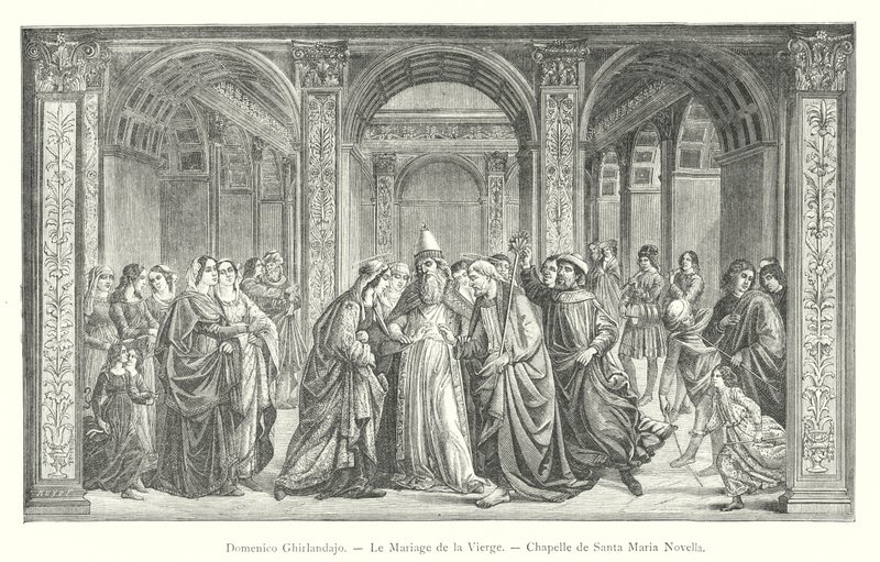 Domenico Ghirlandajo, Het Huwelijk van de Maagd, Kapel van Santa Maria Novella (gravure) door Italian School
