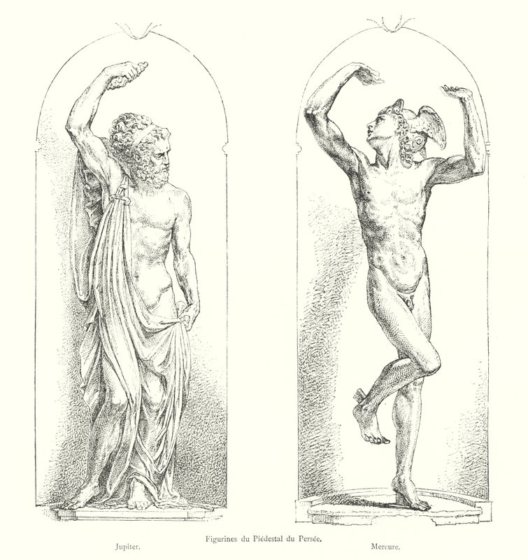 Beeldjes van de Sokkel van Perseus, Jupiter, Mercurius door Italian School