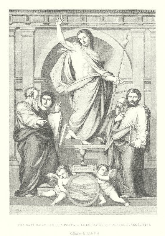 Fra Bartolommeo della Porta, Christus en de Vier Evangelisten, Collectie van het Pitti Paleis (gravure) door Italian School