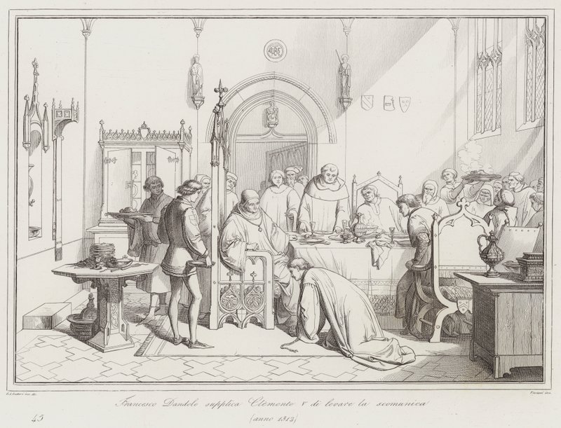 Francesco Dandolo smeekt Clemens V om de excommunicatie op te heffen door Italian School