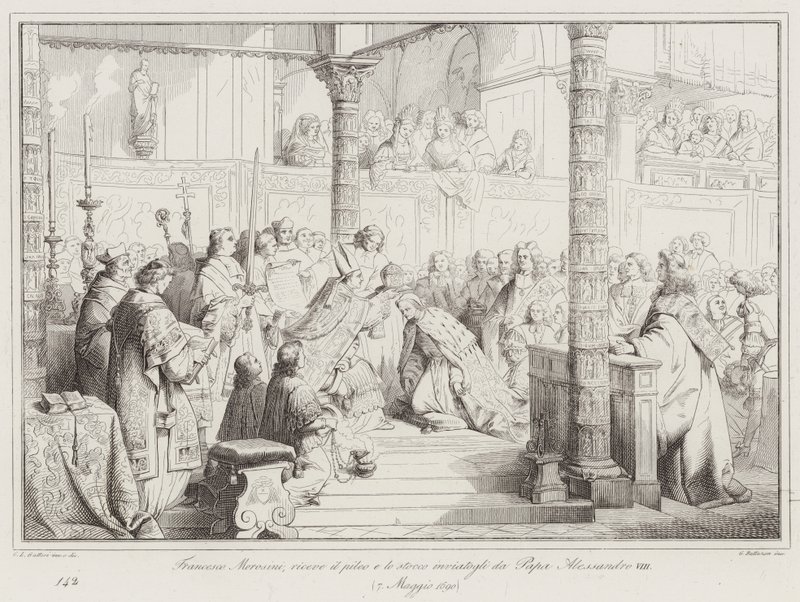 Francesco Morosini ontvangt de pileus en het zwaard gezonden door paus Alexander VIII door Italian School