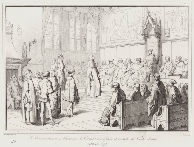Francesco Petrarca, spreker van Francesco da Carrara, raakt in de war voor de Venetiaanse Senaat door Italian School