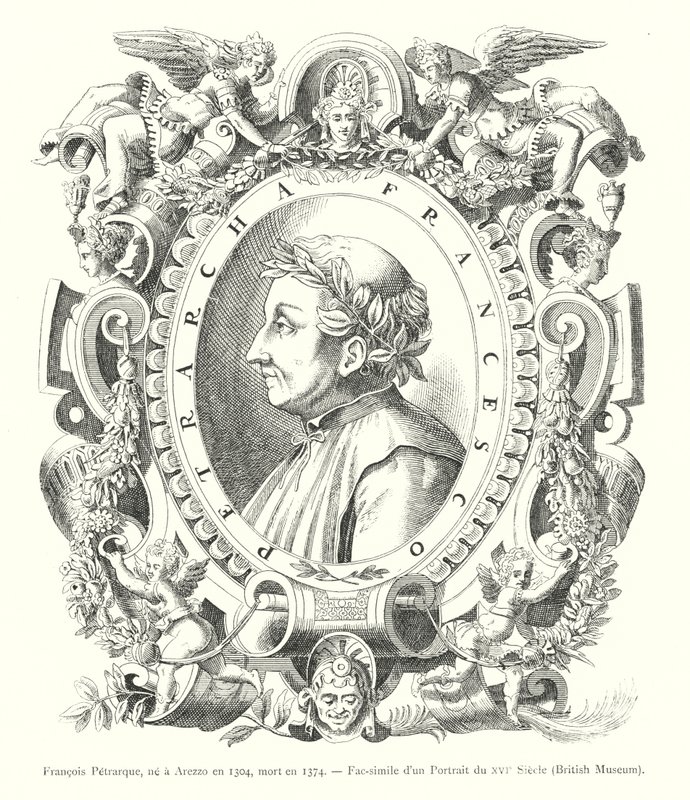 Francesco Petrarca, geboren in Arezzo in 1304, overleden in 1374, Fac-simile van een portret uit de 16e eeuw, British Museum (gravure) door Italian School