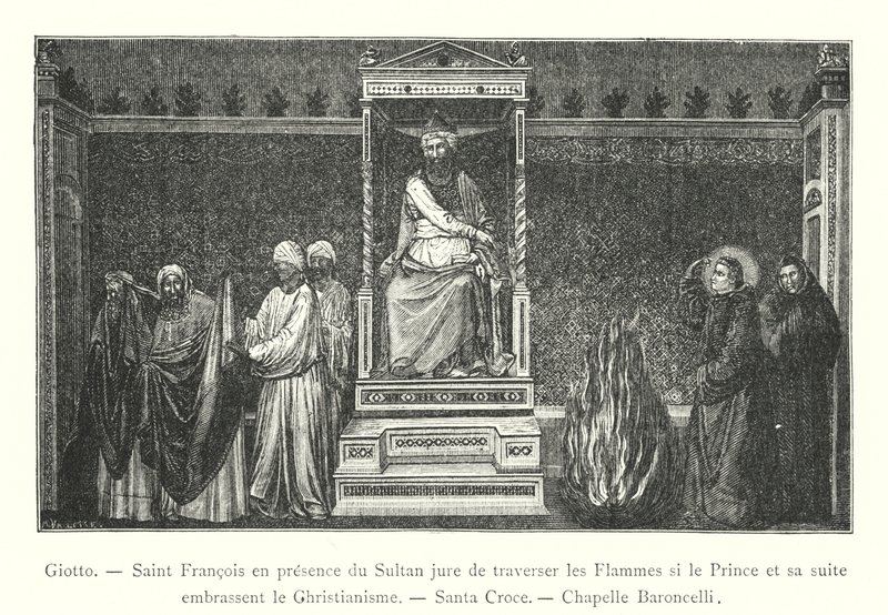 Giotto, Sint Franciscus in aanwezigheid van de Sultan zweert door de vlammen te lopen als de Prins en zijn gevolg het christendom omarmen, Santa Croce, Baroncelli Kapel door Italian School