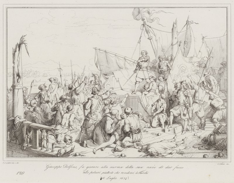 Giuseppe Dolfino laat zijn bemanning zweren het kruit in brand te steken liever dan (gravure) door Italian School