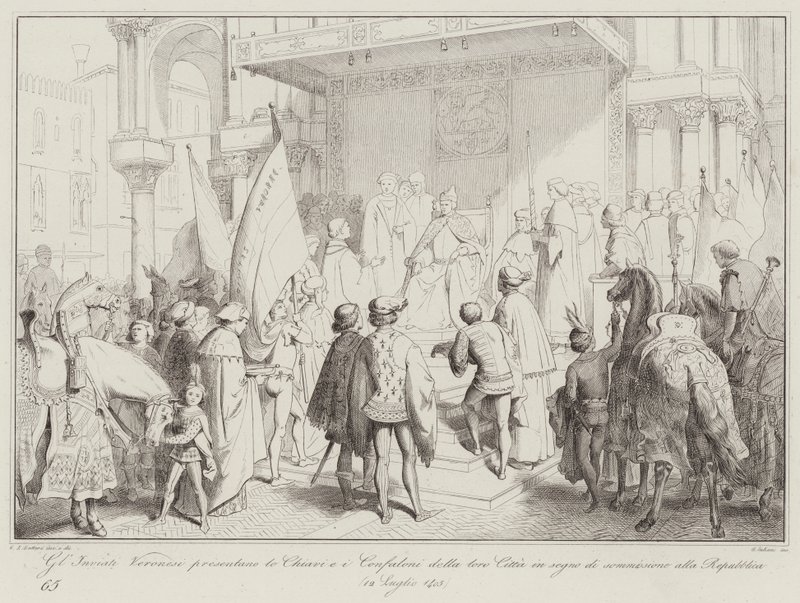 Veronese gezanten presenteren de sleutels en vaandels van hun stad als teken van onderwerping (gravure) door Italian School
