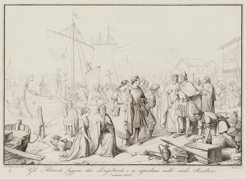 De Altinati vluchten voor de Longobarden en schuilen op de eilanden Realtine, 639 (gravure) door Italian School